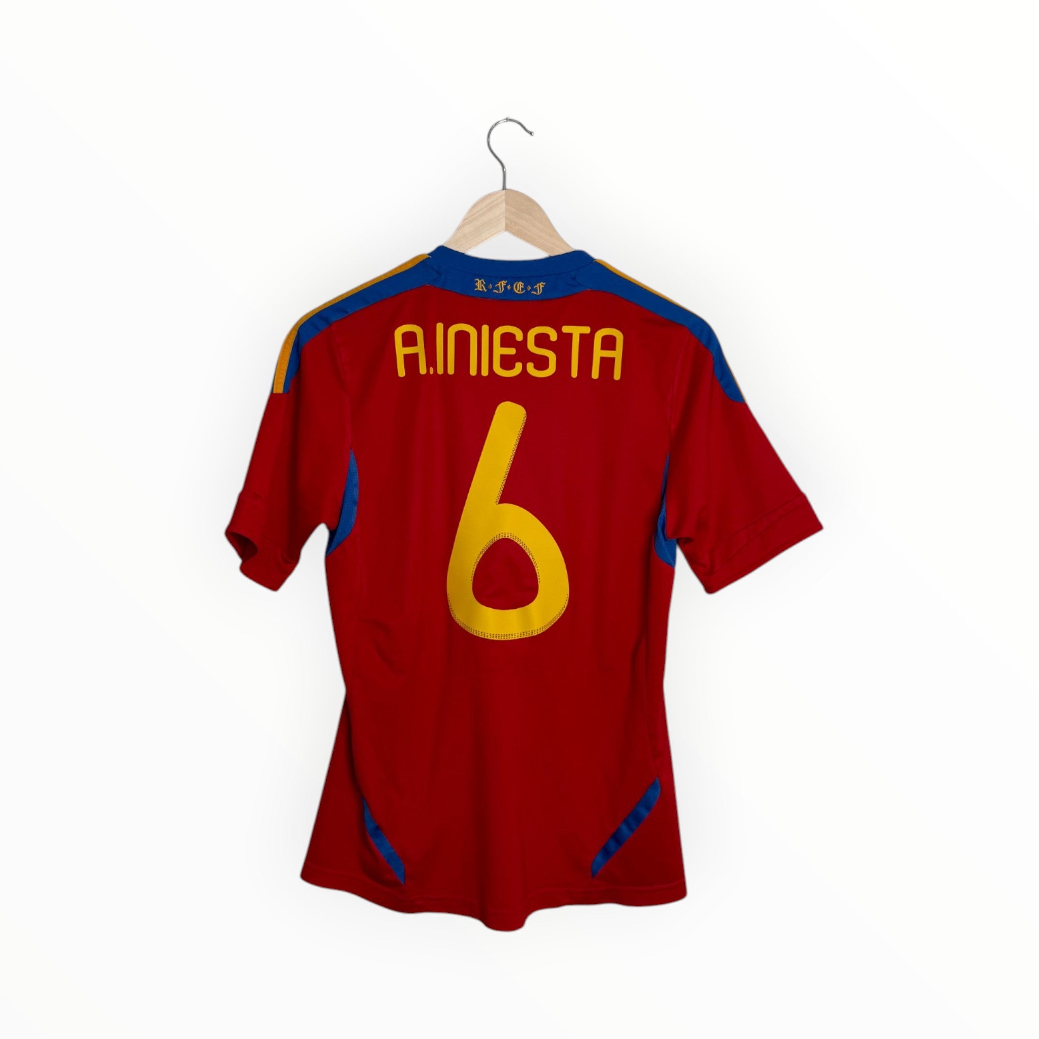 Iniesta red football shirt Spain number 6