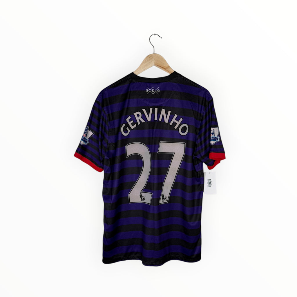 A purple and black striped soccer jersey with 'GERVINHO' and the number '27' on the back, hanging on a wooden hanger against a white background.