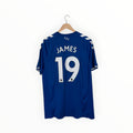 A royal blue short-sleeve soccer jersey hanging on a wooden hanger against a plain white background. The back of the jersey features the name 'JAMES' and the number '19' in white.