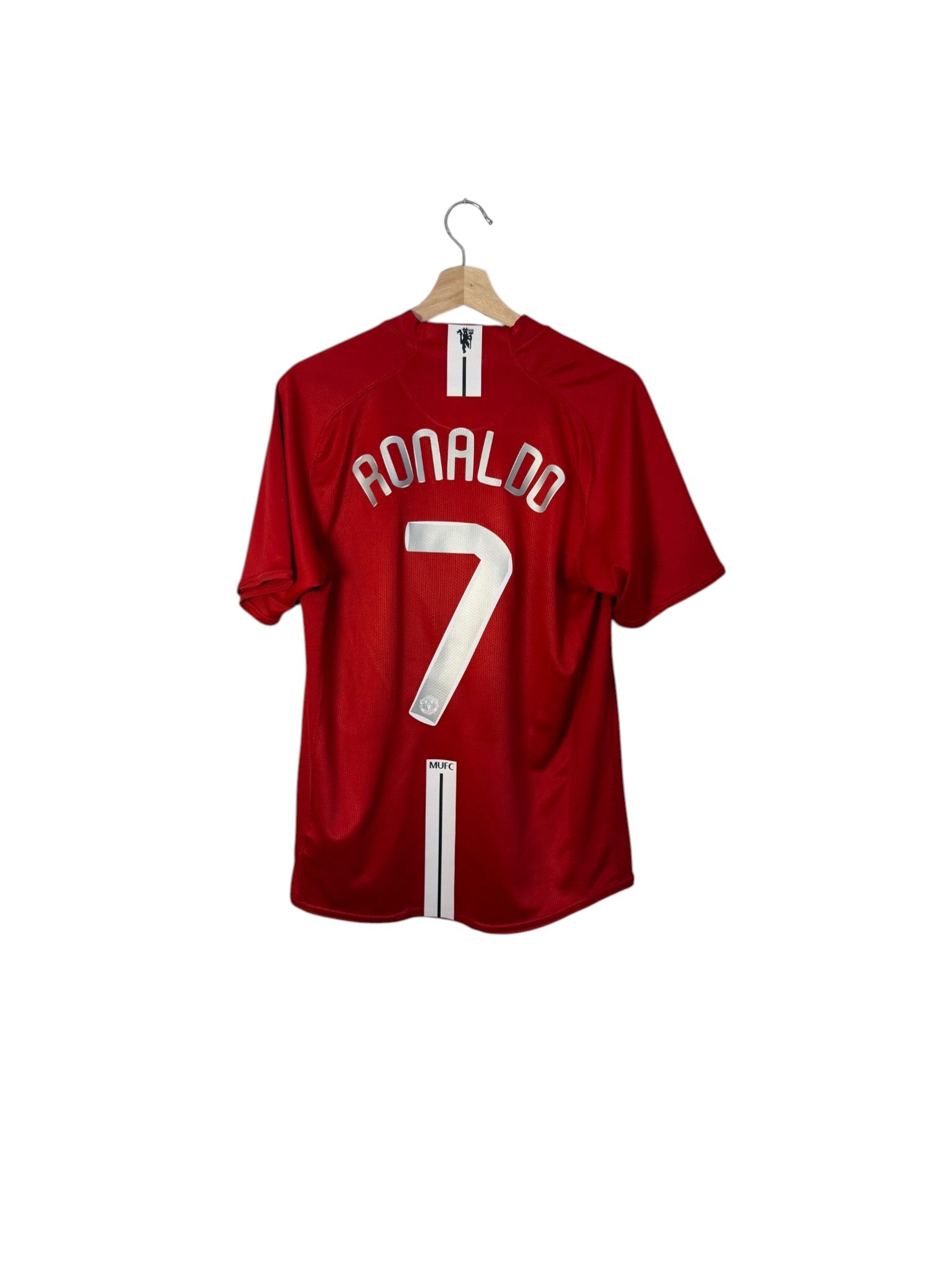 ronaldo red football shirt white stripes manchester united