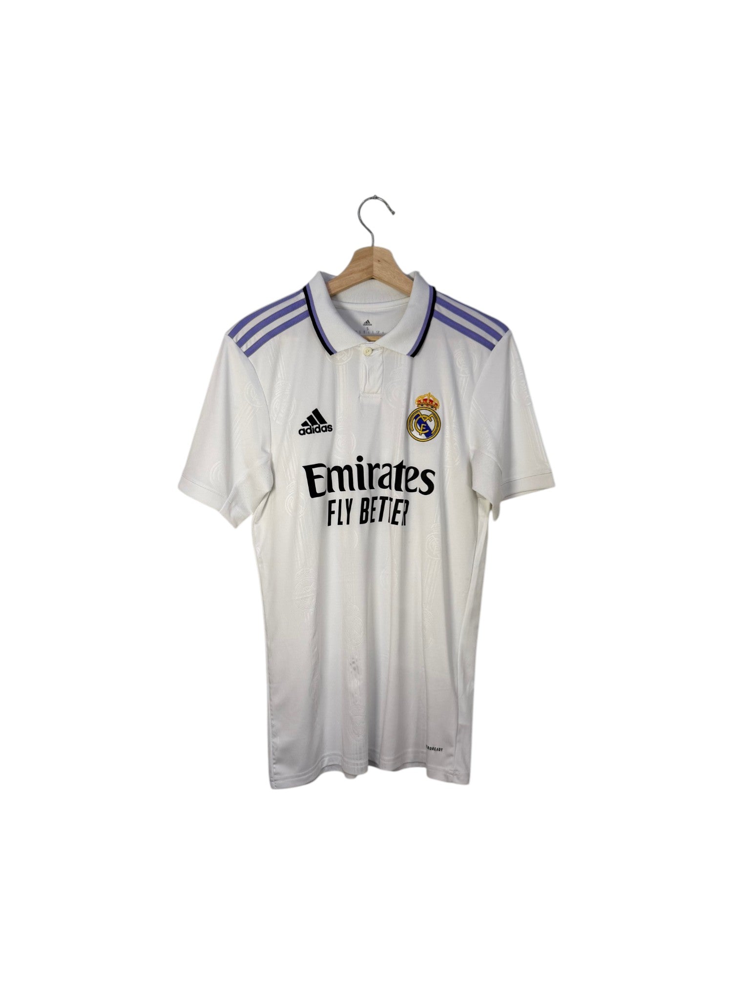 white football shirt real madrid purple stripes